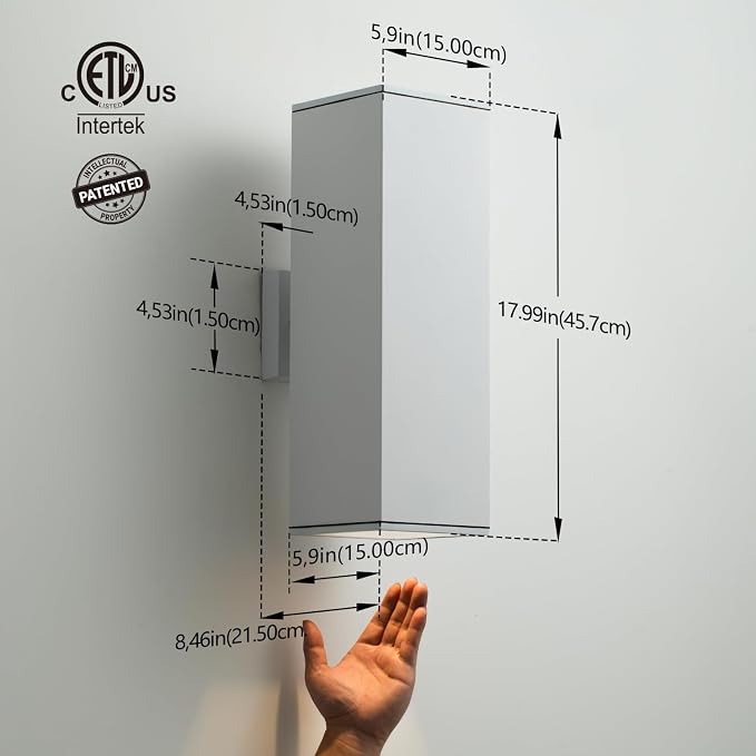 mirrea 18" Modern Outdoor Porch Light in 2 Lights, Matte White, 2 Pack | Patio wall sconce, aluminum rectangular tube, tempered glass, waterproof. Up & down lighting for outdoor wall mount fixture.