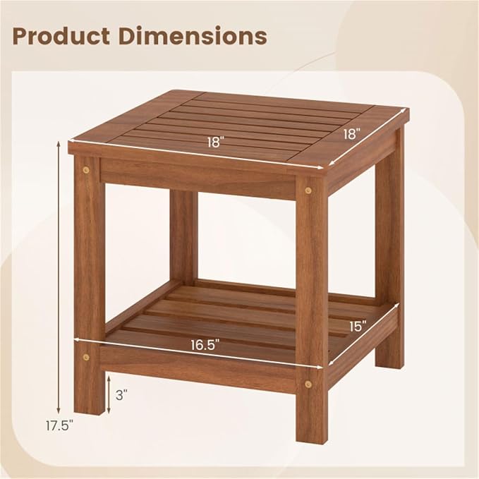Outdoor Side Table, 2-Tier Solid Wood Patio End Table with Storage Shelf, 18 Inch Square Coffee Table with Teak Oil Finish for Garden, Poolside, Balcony and Living Room, Natural