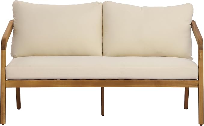 Merax 2-Piece Outdoor Loveseat & Coffee Table Set, Acacia Wood Frame with PE Wicker Back & Water-Resistant Cushions for Patio, Backyard & Poolside