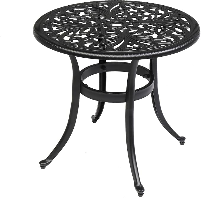 Bonnlo 23.6 Inch Cast Aluminum Outdoor Side Table with Umbrella Hole, Anti-Rust Coffee Bistro Table for Outdoor, Patio, Garden, Porch, Balcony End Table (Round, Black)