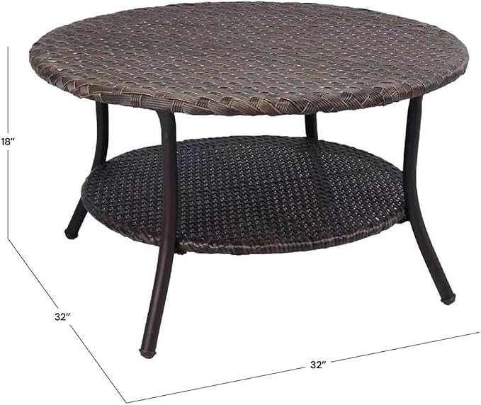 Cambridge Outdoor Rattan Round Coffee Table, All-Weather HDPE Wicker Patio Side Table 2-Tier Circle Table with Storage for Garden Porch Deck, Brown