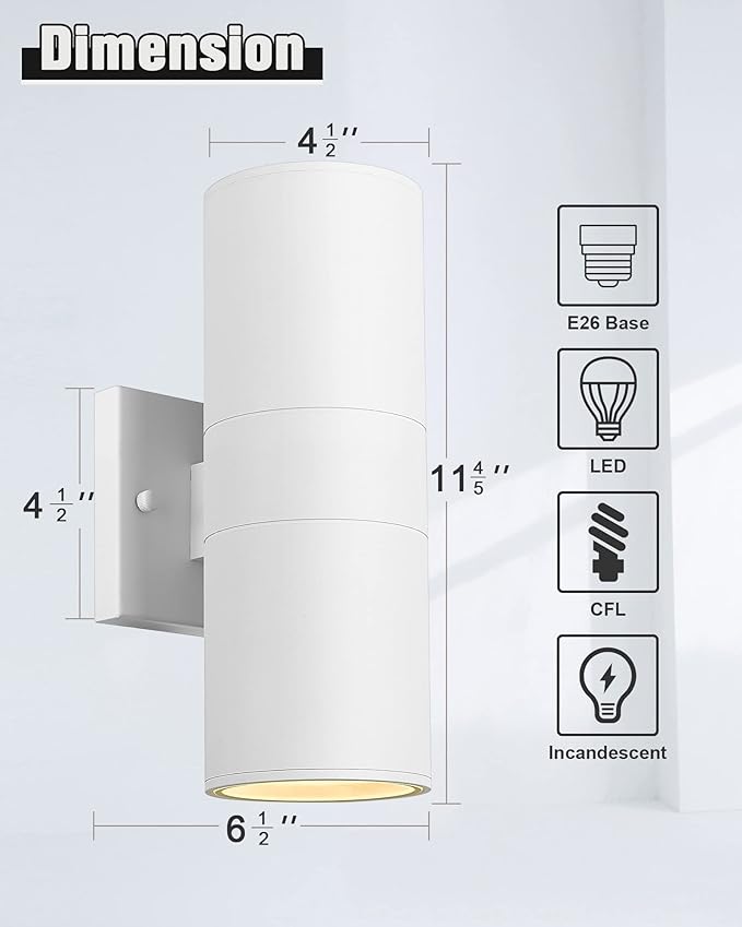 Ken & Ricky Cylinder Outdoor Wall Sconce Lights,Up and Down, White, 2 Pack | Aluminum Waterproof Outdoor Wall light,No Glare,Exterior Lighting Fixtures,E26 Base，For Porch House Garage Front Door Patio