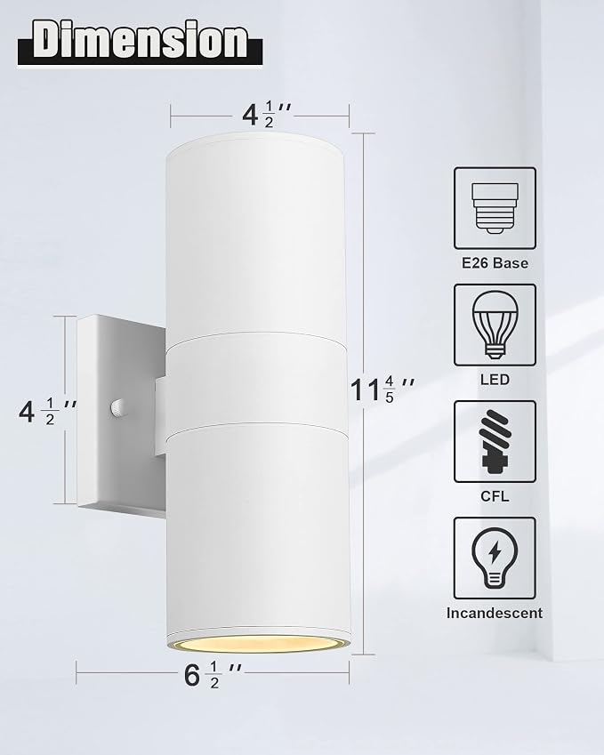 Ken & Ricky Cylinder Outdoor Wall Sconce Lights,Up and Down,White,1 Pack | Aluminum Waterproof Outdoor Wall light,No Glare,Exterior Lighting Fixtures,E26 Base，For Porch House Garage Front Door Patio
