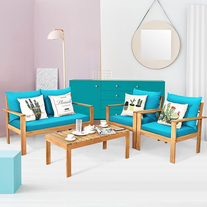 COSTWAY 4 Pieces Outdoor Acacia Wood Sofa Set, Outdoor Conversation Sofa Set with Table & Cushions Porch Chairs for Garden, Patio, Deck