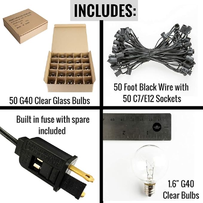 50 Foot Globe String Lights - Set of 50 G40 Clear Bulbs - Black Wire | (+ 2 Free Spares) for Patio Deck Gazebo Cafe and Party Lighting