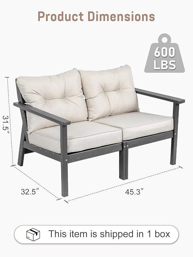 2 Seat HDPE Patio Loveseat, Outdoor Conversation Bench, Patio Furniture | Water-Resistant Thick Cushion, HDPE All Weather, Wood-Grain, No Rot or Rust or Crack, UV Fade Shield, Easy-Clean for Outside