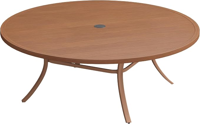 DIFY 63" Round Outdoor Patio Dining Table for 8-10, Metal Patio Table with 1.57" Adjustable Umbrella Hole, All-Weather Outdoor Furniture Table for Garden Backyard Deck, Walnut