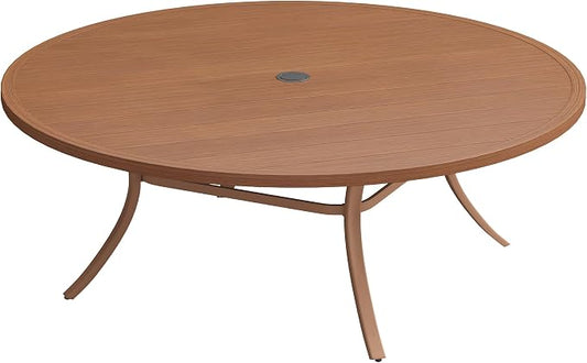 Patio Dining Table for 8-10, Round Metal Outdoor Table with 1.57" Umbrella Hole, 63" Outdoor Slat Tabletop Dining Table for Backyard, Porch, Lawn, Walnut