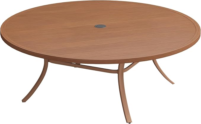 VICLLAX 63" Outdoor Patio Dining Table for 8-10, Metal Round Table with Umbrella Hole for Deck Lawn Garden Backyard, Walnut