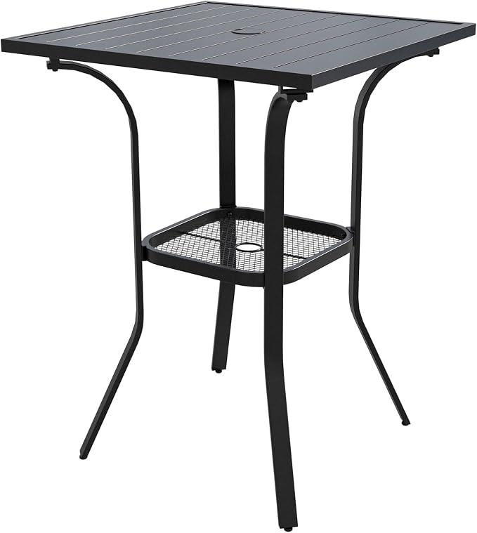 VICLLAX Patio Bar Height Table, Outdoor Square Bistro Table with Umbrella Hole, Metal Frame and Slat Design, Ideal for Patio Lawn Backyard Porch, Black