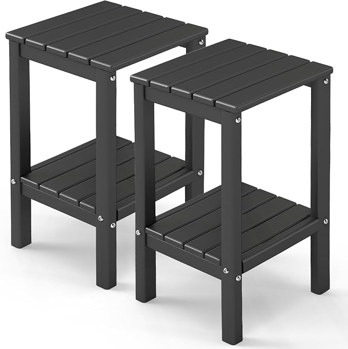 GREENVINES Tall-Outdoor-Side-Table Set of 2 | 23.5" | HDPE Plastic | Patio Adirondack End Tables | All Weather | 2-Tier | Black | for Porch Garden Indoor & Rocking Chairs