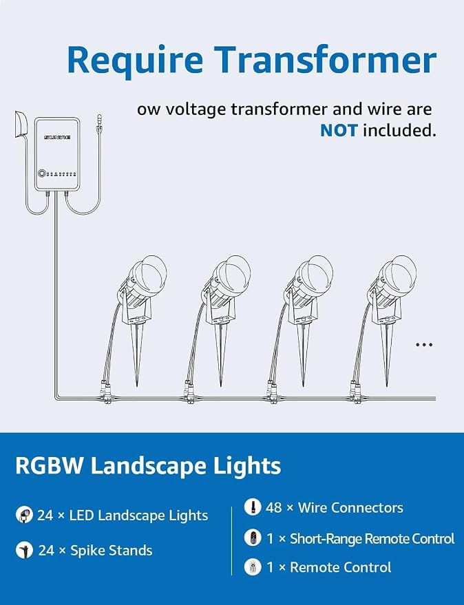 SUNVIE 24 Pack Halloween RGBW Low Voltage Landscape Lights LED Color Changing Landscape Lighting with Remote Control and Wire Connectors, AC/DC 12V-24V Waterproof Outdoor Spotlight for Yard Garden | 12V Waterproof Color Changing Landscape Lighting Chri...