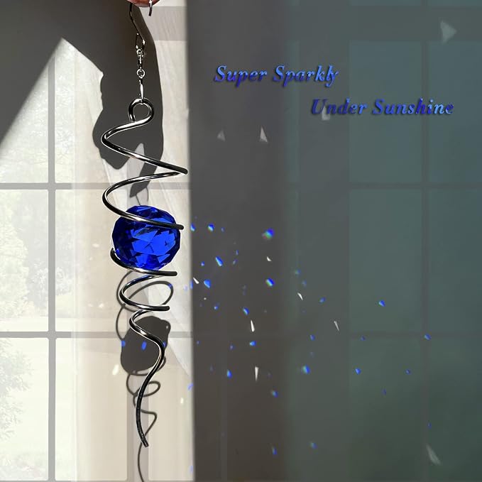 FONMY Gazing Ball Spiral Tail -Decorative Wind Spinner Sun Catcher Rainbow Maker 11 inch Tail and 2 inch Dark Blue Crystal Orb. Indoor Outdoor Garden Decoration -13 inch Height