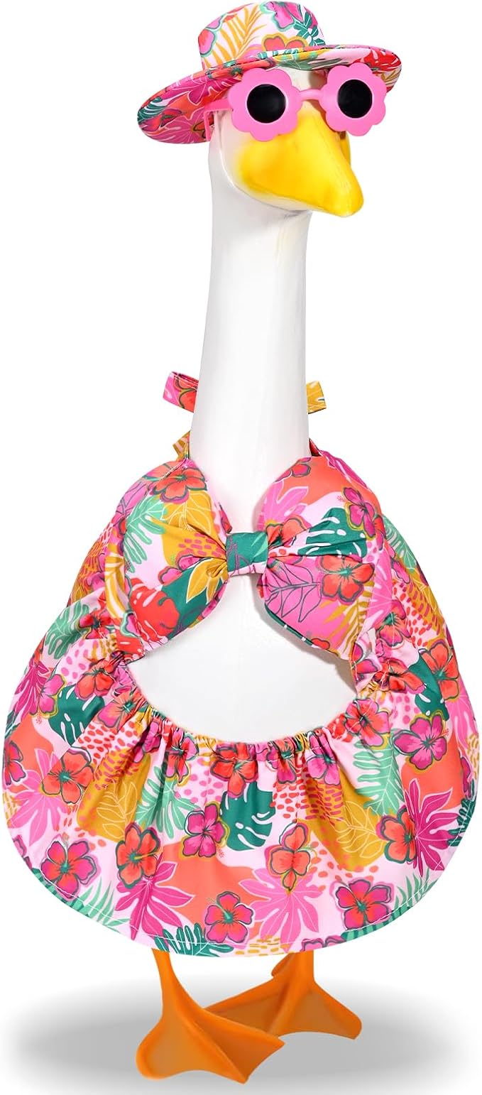 Hawaiian Bikini Goose Outfits Summer Beach Porch Goose Outfit 23 Inch Goose Floral Bathing Suit with Sunglasses & Hat for Fun Outdoor Garden Yard Decor(Tropical Floral)