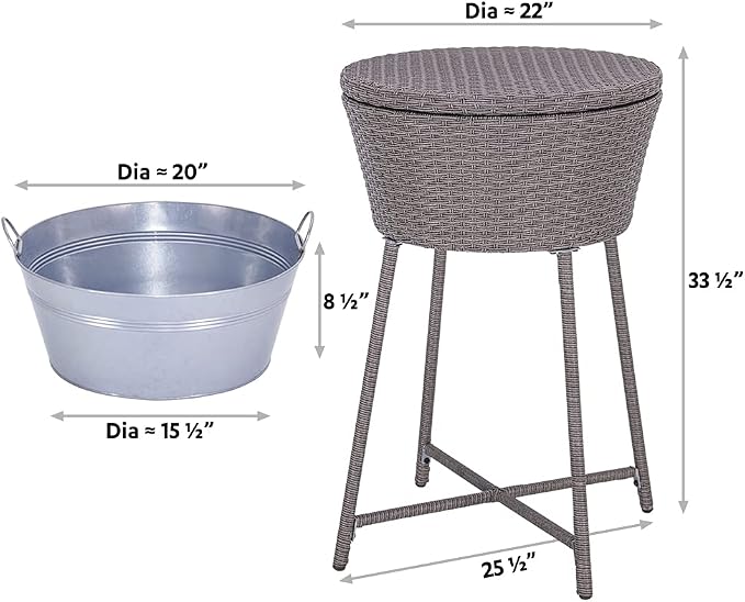 ABBLE Wicker Patio Ice Cooler Table Cool Bar Outdoor Patio Furniture Side Table with Beer and Wine Cooler Grey