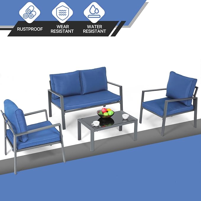 4-Piece Outdoor Patio Furniture Set, Steel Frame Patio Conversation Set with Tempered Glass Side Table for Garden Yard Poolside