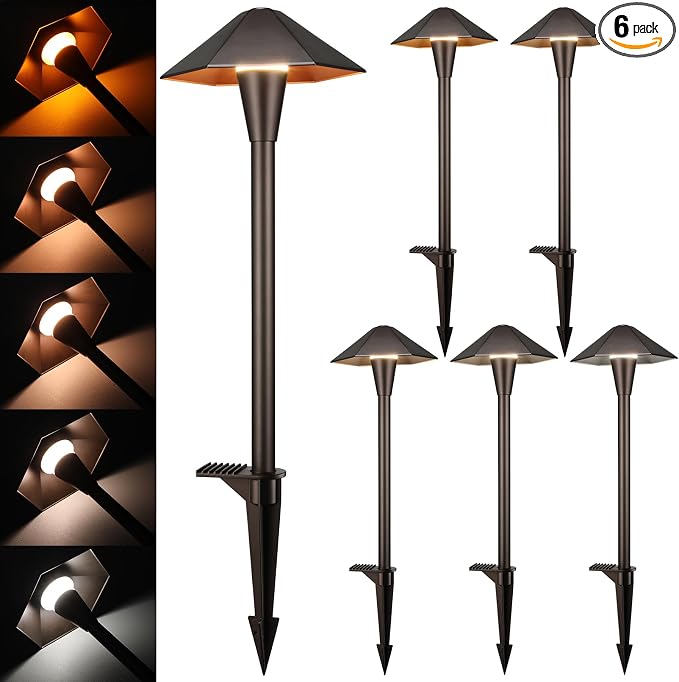 LEONLITE 6-Pack 5CCT Low Voltage LED Pathway Lights, Hexagon Head | 12-24V AC/DC, IP65, Landscape Path Lights, for Walkway Yard Garden, 1800/2700/3000/4000/5000K, Oil Rubbed Bronze, Aluminum