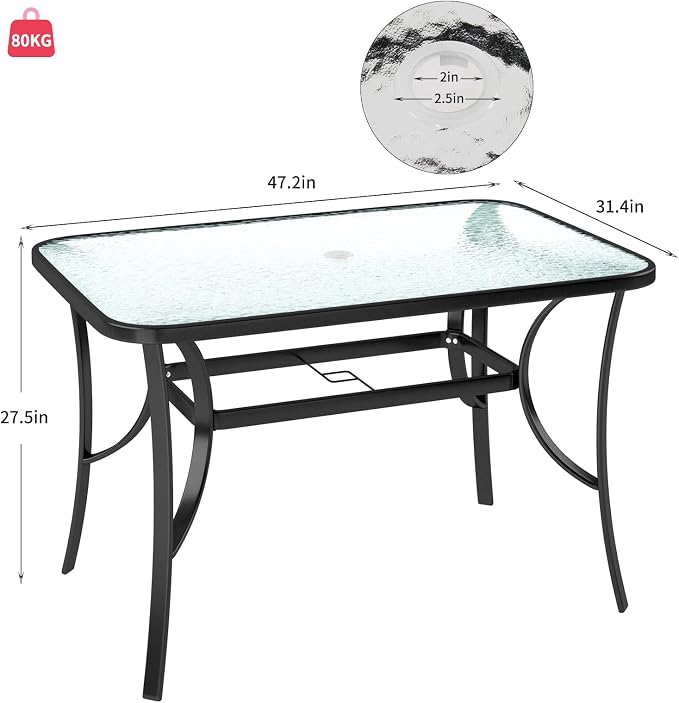 SogesPower Outdoor Tempered Glass Table Patio Dining Table with Umbrella Hole Steel Frame 47 Inch Black