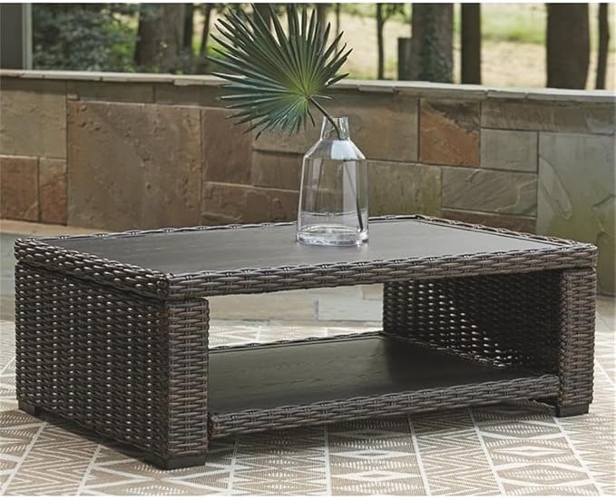 Afuera Living Outdoor Wicker Patio Coffee Table, 48 x 30 in, Brown Resin Wicker, Aluminum Frame and Tabletop, All-Weather Design, Lower Shelf, Rustproof Finish, Perfect for Patio or Outdoor Seating