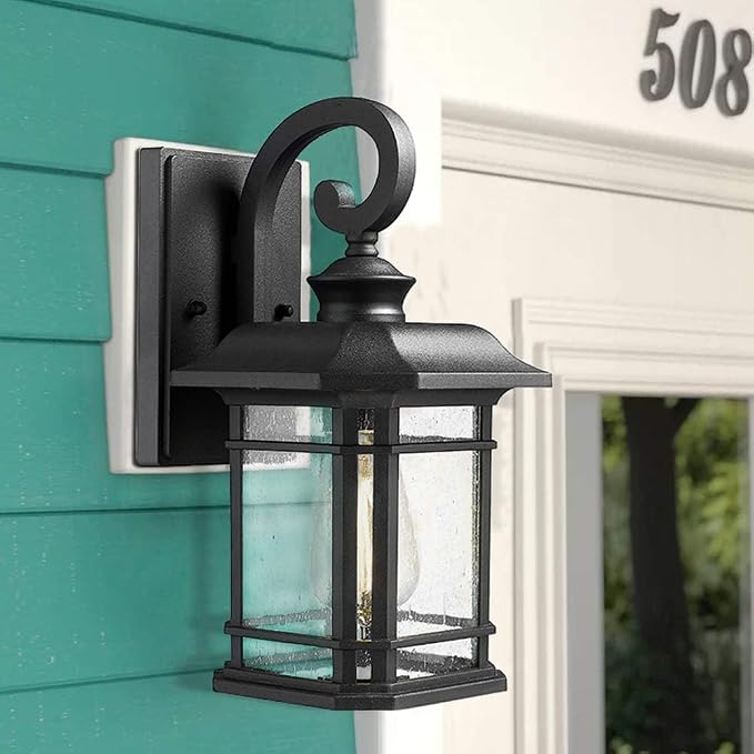 Emliviar Outdoor Wall Lanterns 2 Pack, 1-Light Exterior Wall Mount Light, Black Finish with Clear Seedy Glass, 2084B-2BK