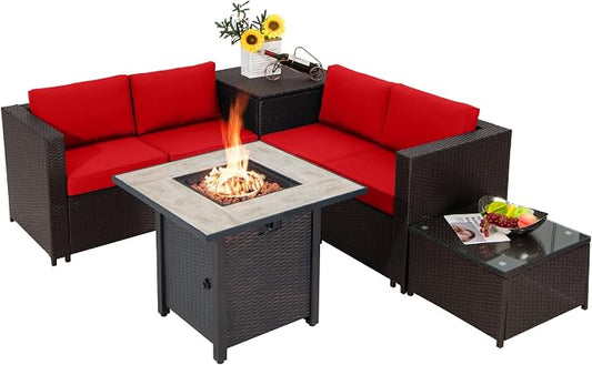 Tangkula 5-Piece Patio Furniture Set with 30 Inches Gas Fire Pit Table, Outdoor Wicker Conversation Sectional Sofa Set with Storage Box and Coffee Table, 50,000 BTU Propane Fire Pit Table (Red)