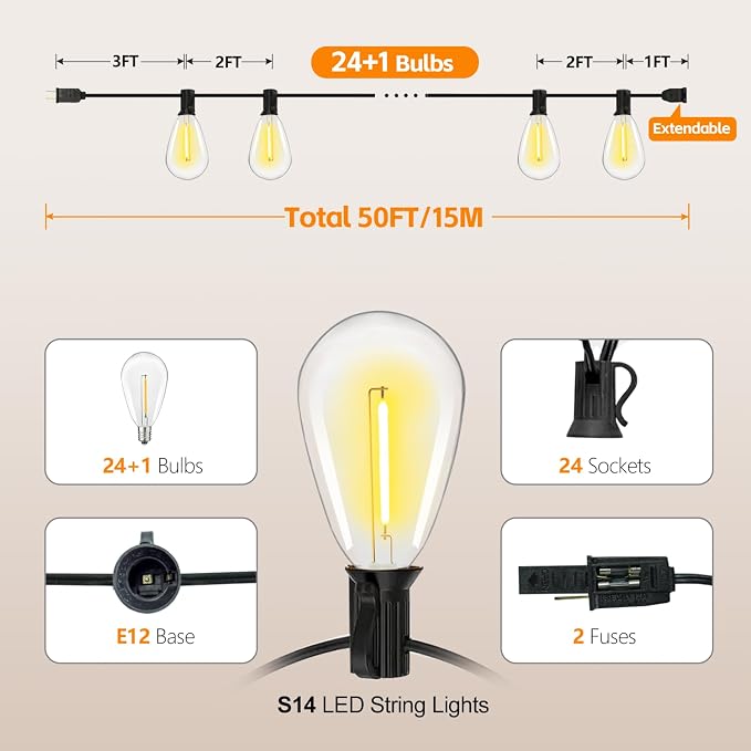 50FT S14 E12 Outdoor String Lights Waterproof Patio 24+1 (1 Spare) bulb