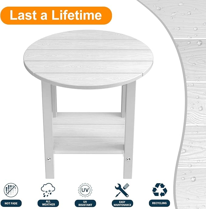MXIMU Round Outdoor Side Table Adirondack Tables 18 Inch Chairside End Tables with Storage Shelf, 2-Tier Plastic Patio Side Table, Weather Resistant for Balcony Backyard Lawn (White, 2 Pack)