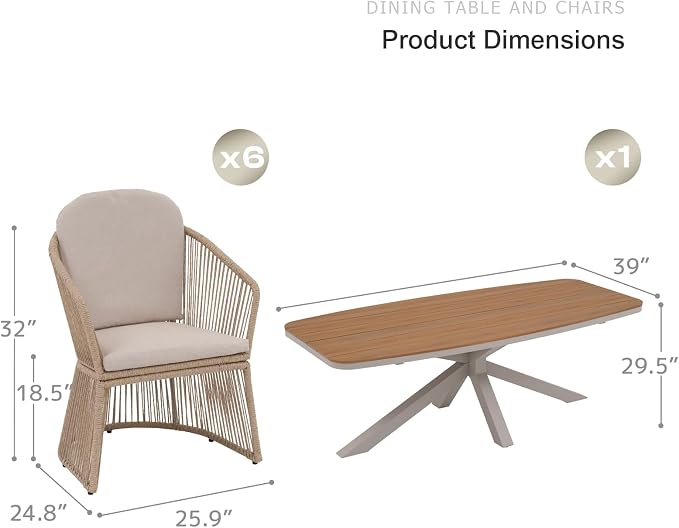 SUNSITT 7 Piece Outdoor Patio Dining Set, Patio Dining Furniture Set with 87” Aluminum Dining Table w/X Base Legs and 6 Woven Wicker Outdoor Patio Chairs w/Curved Armrest for Garden, Beige