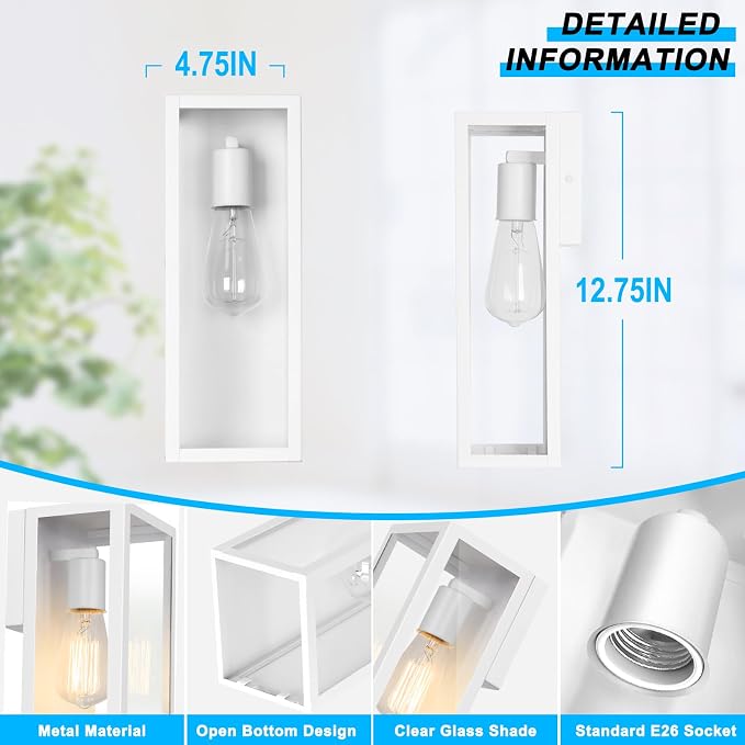 VerRon Outdoor White Wall Light Fixtures, Modern Exterior Wall Lanterns | Anti-Rust E26 Modern Lighting Fixtures Waterproof with Clear Glass Shades for Patio Garage Entryway Front Door, 2-Pack