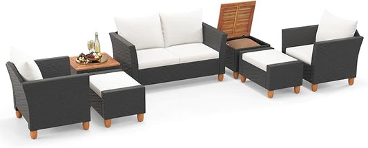 Tangkula 7 Pieces Patio Furniture Set, PE Rattan Sectional Sofa Set with Loveseat, Armchairs, Ottomans & Table, Acacia Wood Tabletop, Outdoor Conversation Set for Porch, Garden & Poolside