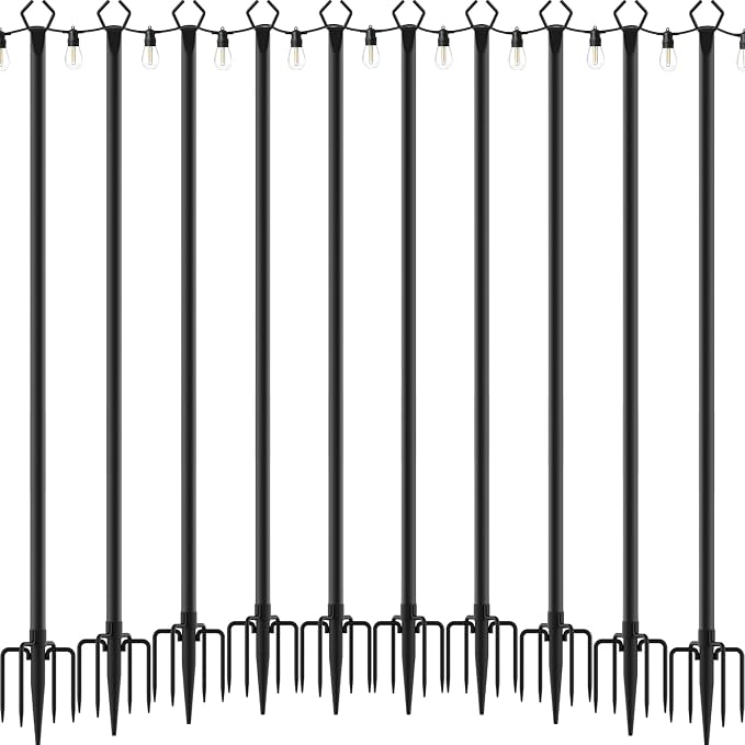 Mutovlin 10 Pack String Light Poles,10 Ft Light Poles for Outside String Lights,Outdoor Lights Pole with Fork,Metal Poles Stand for Patio Deck Backyard
