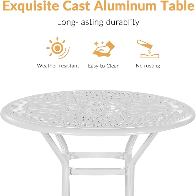 Cast Aluminum Patio Bar Table, 35.4" Outdoor Bar Height Bistro Table with 2" Umbrella Hole, Patio Bistro Round High Top Dining Table Pub Table for Porch Balcony Backyard, White