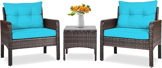 Tangkula 3 Piece Wicker Chairs with Glass Top Coffee Table, Thick Cushions, All Weather Garden Lawn Poolside Backyard Porch Outdoor Patio Furniture Set for 2 (Turquoise)