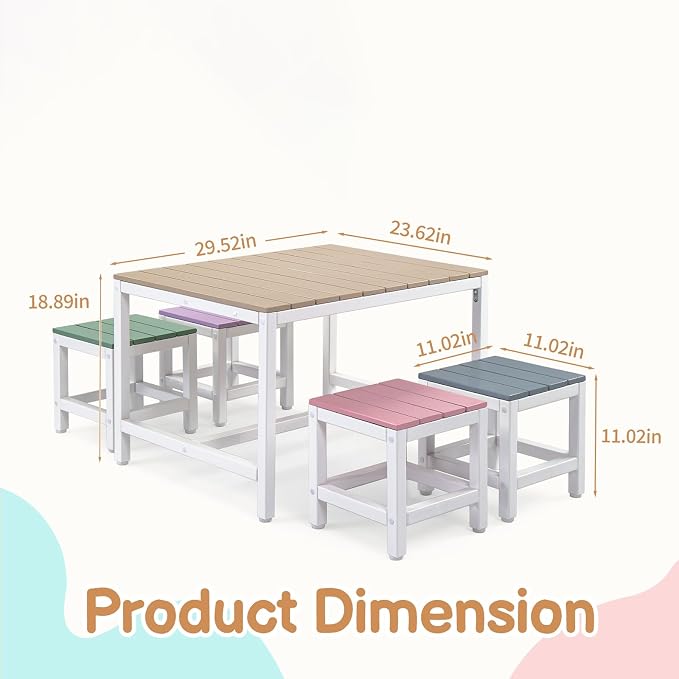 5-Piece Outdoor Dining Set, Poplar Wood Patio Table and 4 Stools, Multicolor Design, Weather Resistant, 29.5 Inch Height, Compact Storage