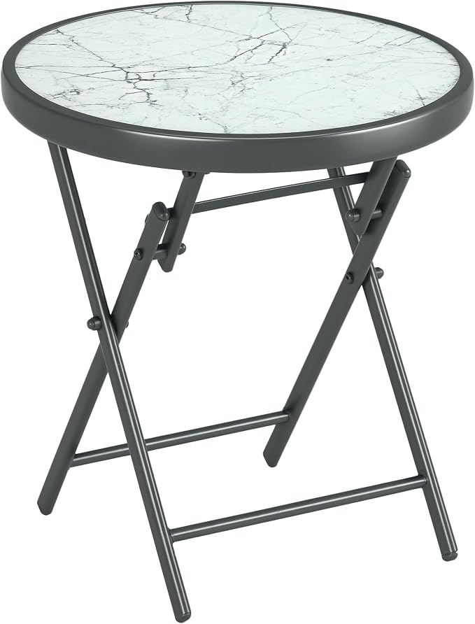 Outsunny Folding Coffee Table, Side Table, Tempered Glass Top, Metal Frame, 45 cm Round, for Patio, Balcony, Garden, White