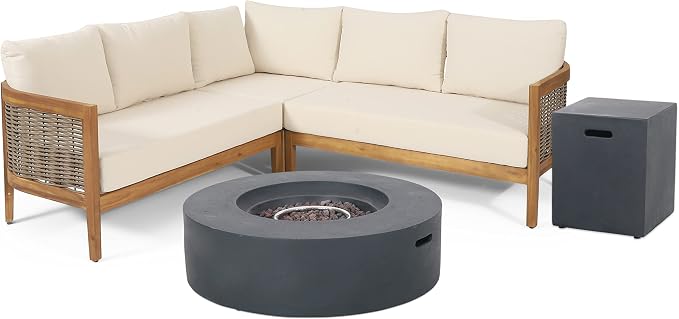 Christopher Knight Home Burchett Outdoor 5 Seater Sectional Sofa Chat Set with Fire Pit - Acacia Wood and Round Wicker - Teak/Mixed Brown/Beige/Dark Gray