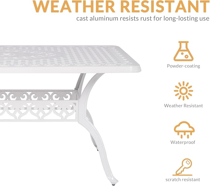 7-Piece Outdoor Patio Dining Set, 60” Rectangular Cast Aluminum Dining Table with Umbrella Hole and 4 Stationary, 2 Swivel Rocker Chairs, 6 Cushioned, Backyard, Patio, Garden, White