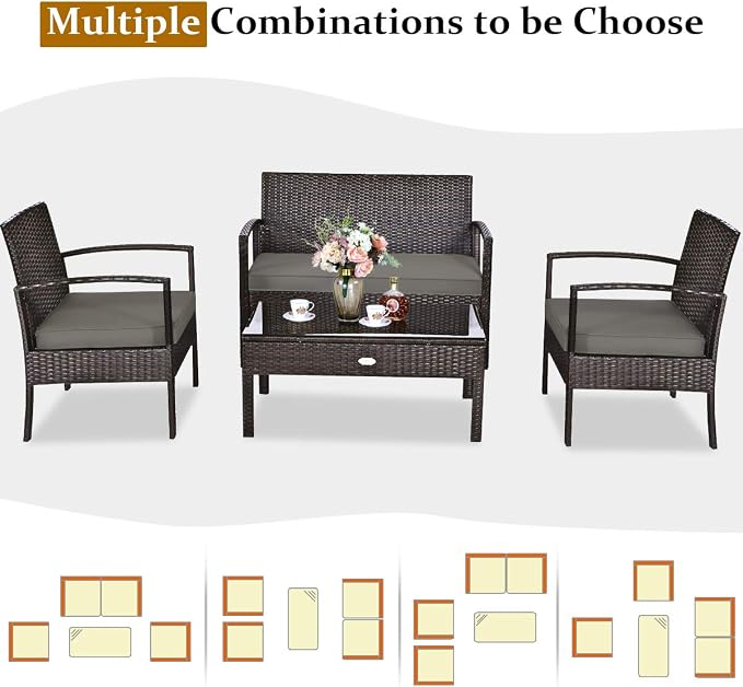 Tangkula 4-PCS Wicker Patio Conversation Furniture Set, Outdoor Rattan Chair and Table Set, Patio Furniture Sets with Coffee Table & Washable Cushions for Courtyard Balcony Garden (1, Brown)