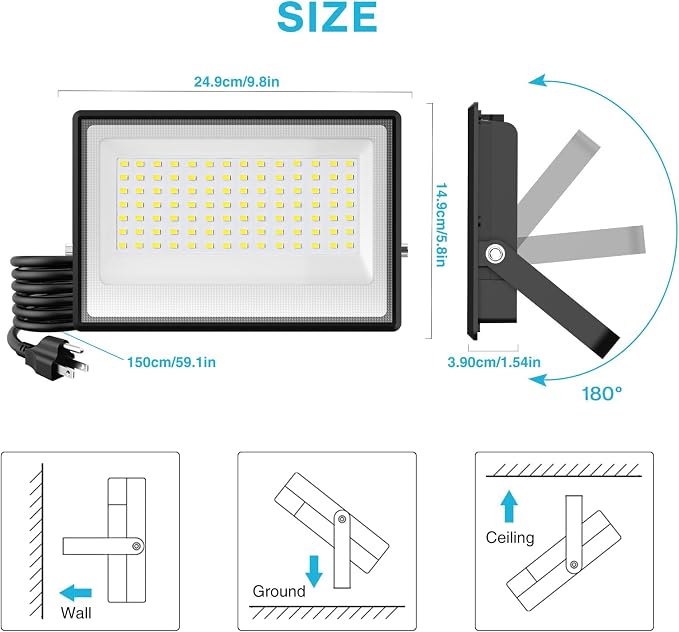 Olafus 2 Pack 150W LED Flood Light Outdoor, 15000LM Super Bright Work Lights Plug in, 6500K, IP66 Waterproof Exterior Floodlight for Stadium Yard Barn