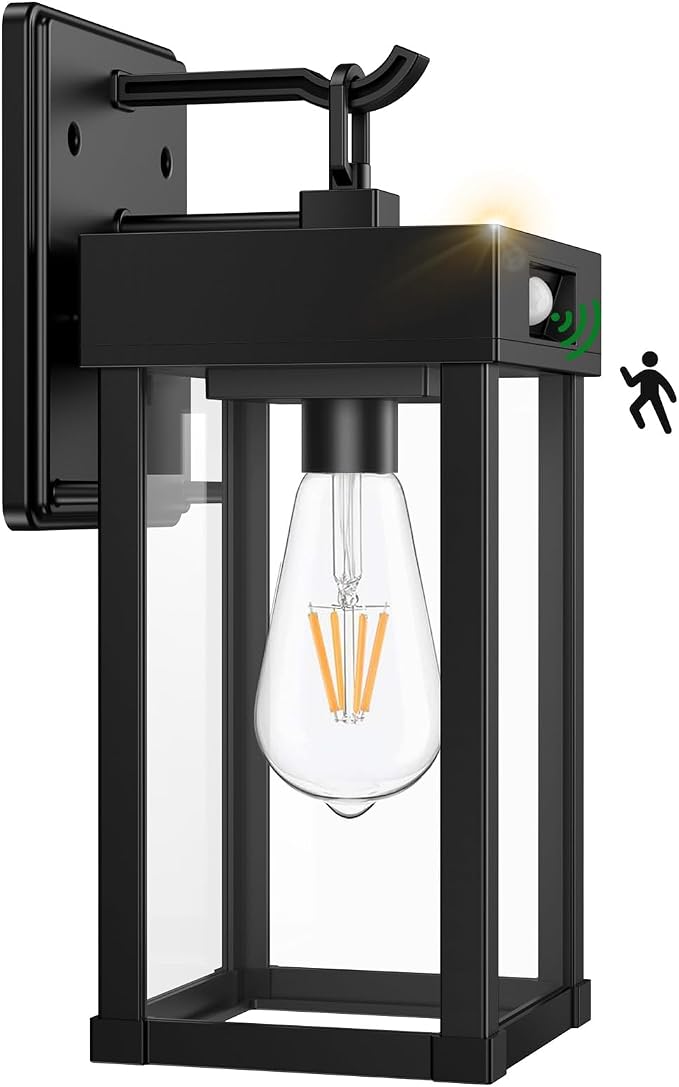 Auzev Outdoor Solar Wall Lights Fixtures Exterior Solar Wall Lantern | Wall Mount Motion Sensor 3 Lighting Modes Modern Sconce Waterproof Outside Lamp for House Garage (Black-1P)
