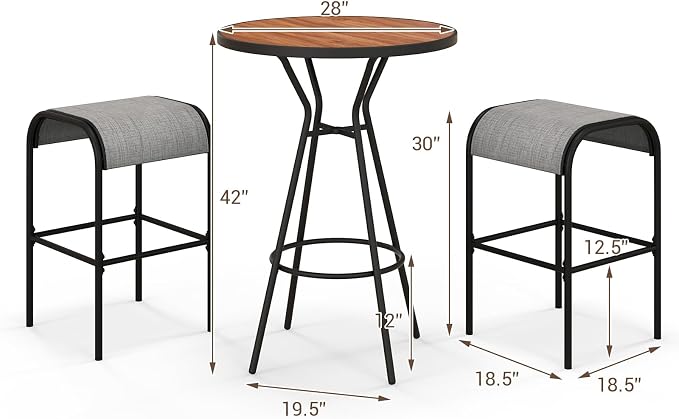 HAPPYGRILL Patio Bar Table with Umbrella Hole, 28” Outdoor Bar Height Table with Faux Wooden Top, Footrest, Patio Bistro Table for Poolside, Backyard, Garden