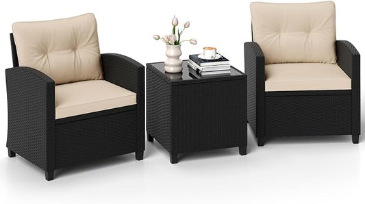 ORALNER 3 Pieces Patio Furniture Set, Wicker Conversation Set Outdoor Chairs with Cushions, Glass Coffee Table, Rattan Bistro Set for Front Porch Balcony Garden Deck Poolside (Khaki)