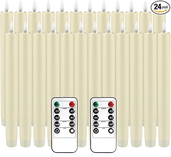 YOROXRG 24 Pack LED Flameless Taper Candles with Timer, Dripless Fake Candlesticks with 3D Flickering Flame, 9.6 Inches White Window Candle for Fireplace Christmas Halloween（Ivory）
