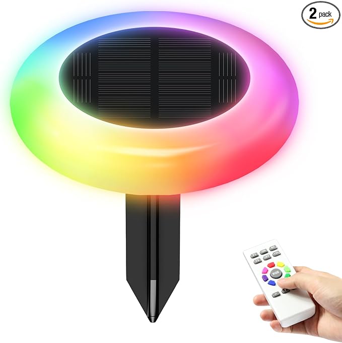Solar Pathway Lights Outdoor Waterproof 9 Color Changing 2 Pack | Remote Control Dusk to Dawn Solar Powered LED Ground Light for Lawn, Garden, Yard, Patio, Walkway, Driveway & Landscape Decor