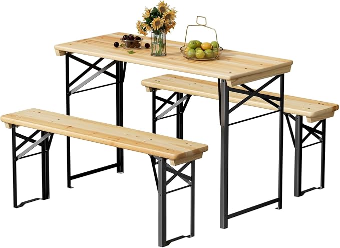 VINGLI 45 Inch Folding Picnic Tables with Benches Set, Weather-Resistant Wooden Beer Garden Table Bench, 3-Piece Portable Fold Up Camping BBQ Table,Natural Wood Color
