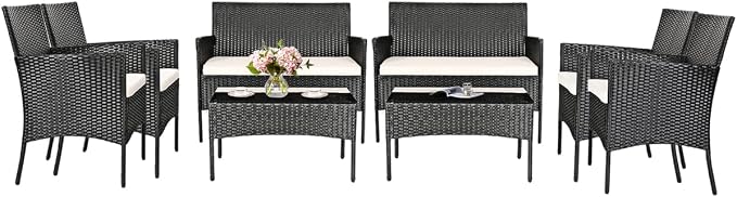 HAPPYGRILL 8 Pieces Patio Furniture Set Rattan Wicker Conversation Set with Tempered Glass Top Table, Outdoor Wicker Sofa Set with Removable Cushions for Poolside Garden Backyard
