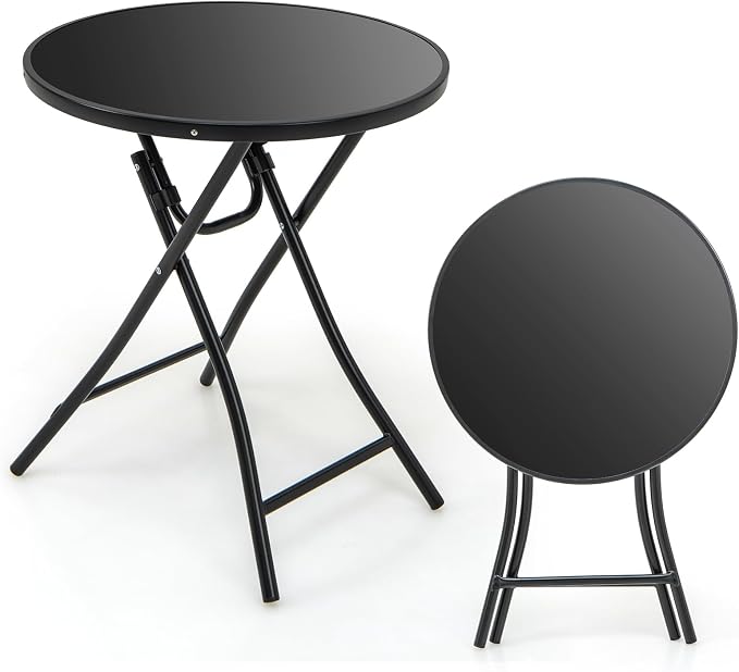 Giantex 23 Inch Round Bistro Table, Patio Folding Cocktail Table with Tempered Glass Tabletop, Heavy-Duty Metal Frame, Outdoor Portable Bistro Table for Deck, Backyard, Poolside