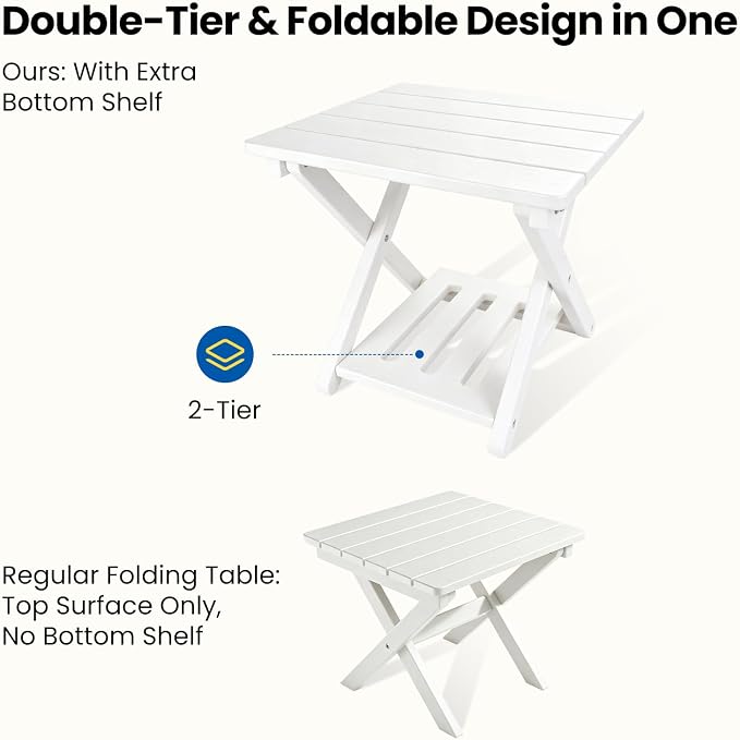 Folding Outdoor Side Table, 2-Tier Storage Heavy Duty HDPE Patio End Table | No Assembly, Weather Resistant, Wood-grain Texture, Easy to Clean, White Porch table