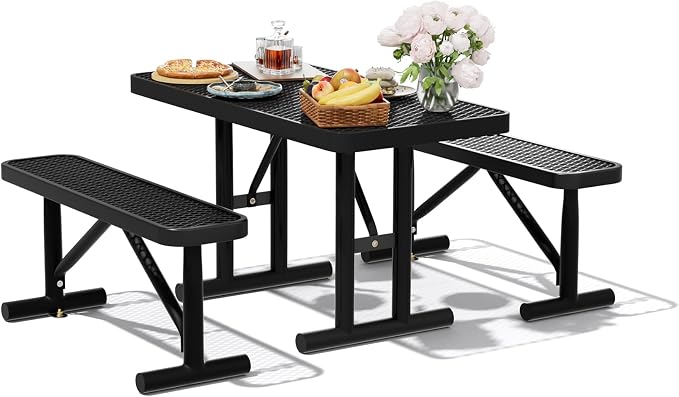 4FT Outdoor Metal Picnic Table with 2 Benches,Heavy Duty Rectangular Picnic Table Set for Outside, Waterproof Commercial Restaurant Table Furniture for Park, Campfield, Patio, Garden, Yard
