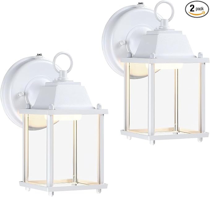 Outdoor Wall Light Fixture Dusk to Dawn, Rustproof Aluminum, LED | Exterior Porch Light Wall Sconce Lantern for House, Patio, Garage, Waterproof, Glass, 9.5W 800 Lumen, 3000K, White, 2 Pack